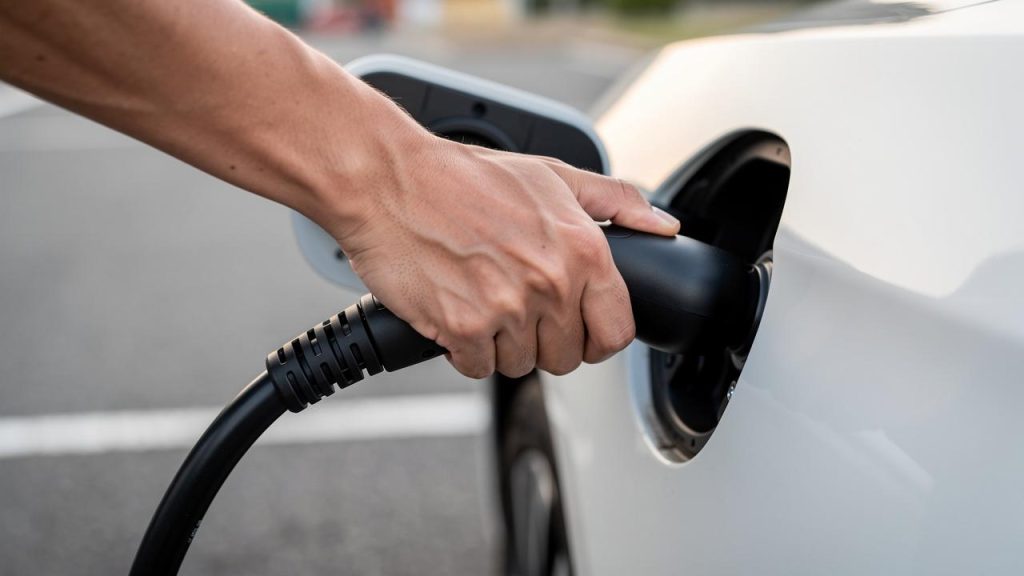 Ruka priključuje punjač u priključak za punjenje električnog automobila