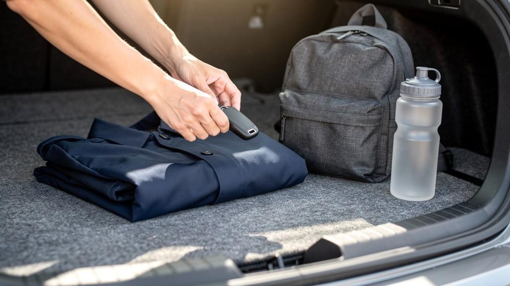 Ruke stavljaju ključeve automobila na sklopljeni mantil u prtljažniku
